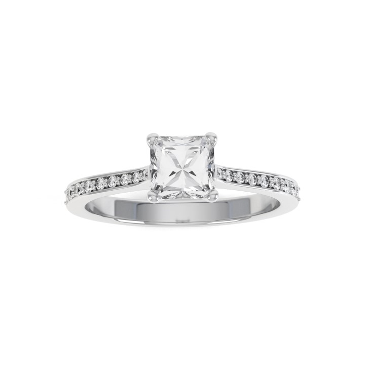 Square diamond claw set ring with diamond shoulders in platinum